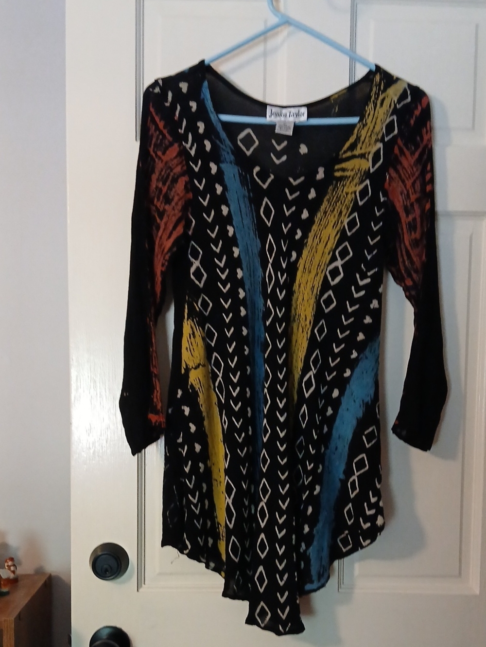 Jessica London Black Patterned V-Neck Tunic with Blue, Yellow & Rust Accents